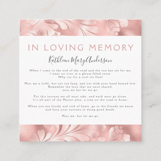 Foil floral Foto Collage Beerdigung Gedenkkarte Quadratische Visitenkarte (Rückseite)