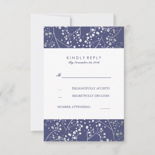 Foil Gipskraut Navy Silver Wedding RSVP Karten (Vorderseite)