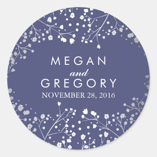 Foil Gipskraut Navy und Silver Wedding Runder Aufkleber (Vorderseite)