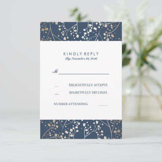 Foil Gipskraut Navy Wedding RSVP Cards (Stehend Vorderseite)