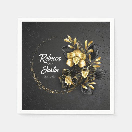 Foil Gold Black Orchids Modern Boho Serviette (Vorderseite)