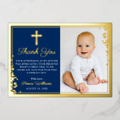 Foil Gold Navy Blue Taufe Foto Danke Karte (Vorderseite)