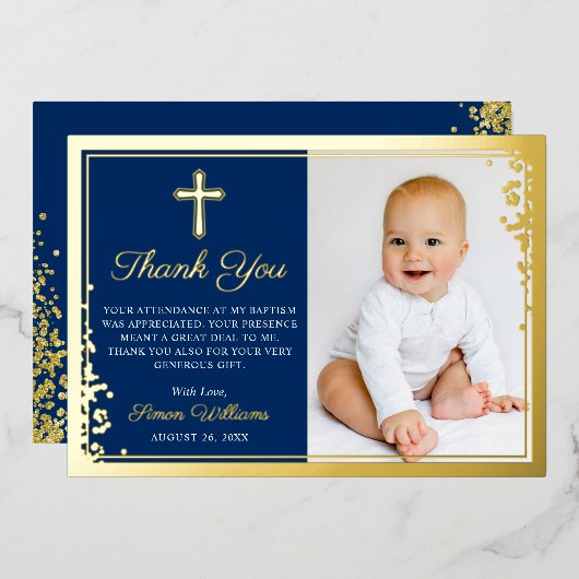 Foil Gold Navy Blue Taufe Foto Danke Karte (Vorderseite/Rückseite)