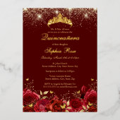 Foil Gold Red Floral Butterfly Tiara Quinceanera Folieneinladung (Vorderseite)