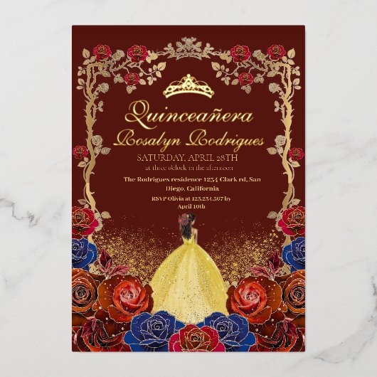 Foil Gold und Red Luxury Quinceanera Folieneinladung (Vorderseite)