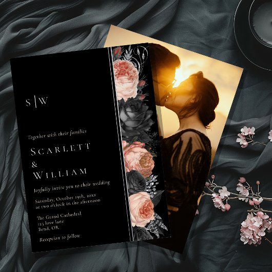 FOIL Gothic Vintag Black Monogram Foto Wedding Folieneinladung