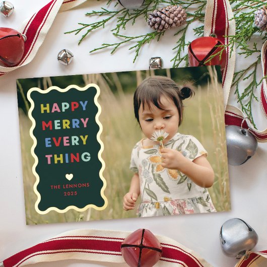 Foil Green Happy Merry Wavy Christmas Photo Card Folieneinladung