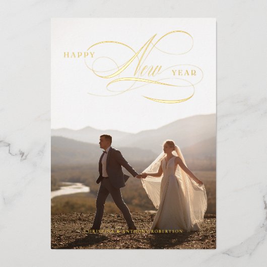 Foil Happy New Year Script Holiday Full Foto Card Folien Feiertagskarte (Vorderseite)