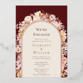 FOIL Herbstblütenbogen Burgund Wir sind Verlobt Folieneinladung (Vorderseite)