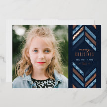 Foil Herringbone Band Holiday Foto Card - Blau