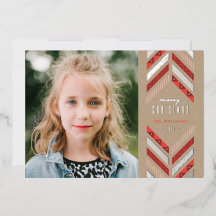 Foil Herringbone band Holiday Foto Card - Crimson