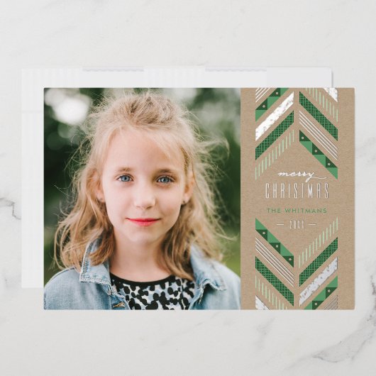 Foil Herringbone Band Holiday Foto Card - Green Folieneinladung (Briefumschlag)