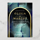 Foil Jade und Navy Blue Modern Fluid Ink Folieneinladung (Vorderseite)