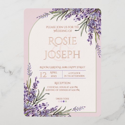Foil Lavender Wedding Einladung (Vorderseite)