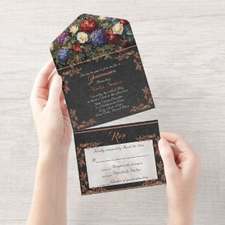 Foil Leaf Frame Quinceanera - Black/Floral Bouquet All-in-One-Einladung