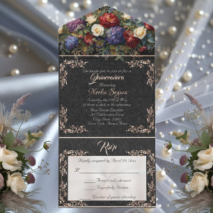 Foil Leaf Rahmen Quinceanera - Schwarz/Blumenstrau All-in-One-Einladung