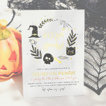 Foil Let's Get Spooky Halloween Geburtstagsparty Folieneinladung<br><div class="desc">Fügen Sie Ihren Geburtstagsfeierlichkeiten Glanz mit Goldfolie, Silber oder Rose! Halloween Geburtstagsfeier Einladungen. Dieses moderne Design zeichnet sich durch einen handgezeichnet Rahmen von Halloween-Elementen aus: eine Spinne, Spinnweben, eine schwarze Katze, einen Hexenhut, einen Schädel, Knochen, Bonbons und vieles mehr, alles mit einer echten gepressten Folie! Im Inneren steht "Lasst uns...</div>