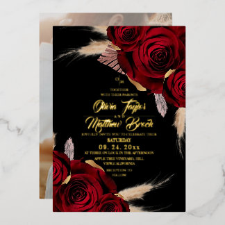 Foil Modern Burgundy Roses Pampas Wedding Folieneinladung