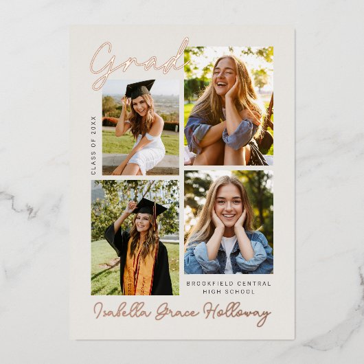 Foil Modern Grad Announcement Multiple Photos Folieneinladung (Vorderseite)