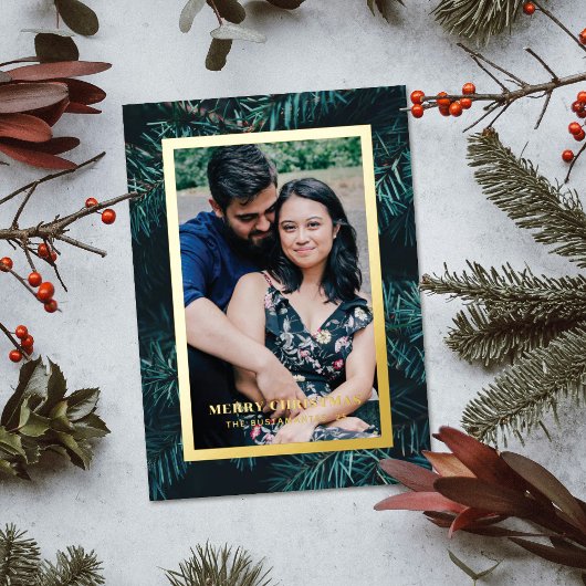 Foil Modern Pine Frame Christmas Photo Card Folieneinladung