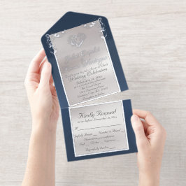 Foil Ornate Frame & Heart - Blue All-in-One-Einladung