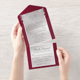 Foil Ornate Frame & Heart - Burgundy All-in-One-Einladung