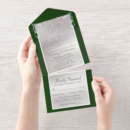 Foil Ornate Frame & Heart - Emerald All-in-One-Einladung (Abreißstreifen)