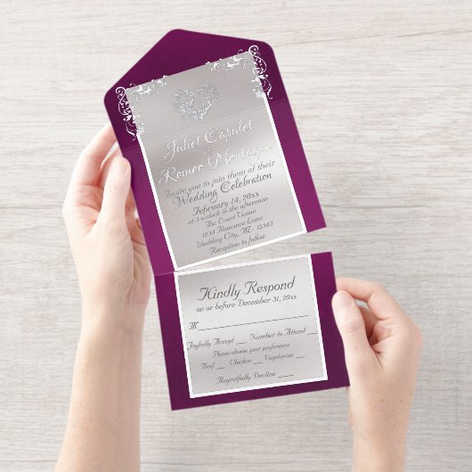 Foil Ornate Frame & Heart - Purple All-in-One-Einladung (Abreißstreifen)