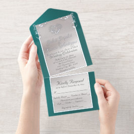 Foil Ornate Frame & Heart - Teal All-in-One-Einladung