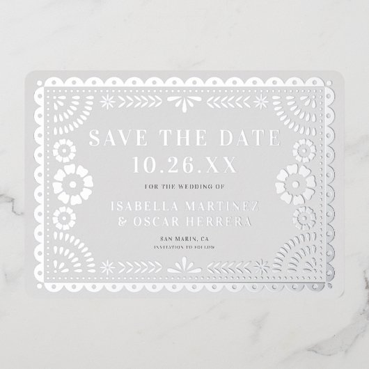 Foil Papel Picado Foto Wedding Save the Date Card Folieneinladung (Vorderseite)