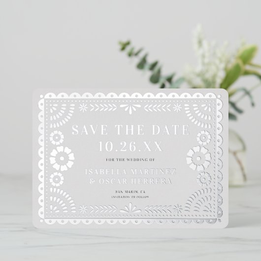 Foil Papel Picado Foto Wedding Save the Date Card Folieneinladung (Stehend vorne)