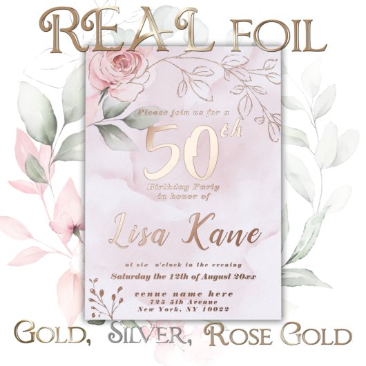 Foil Pink Rose Birthday Einladung Foil Pink