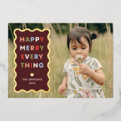 Foil Red Happy Merry Wavy Christmas Photo Card Folieneinladung (Vorderseite)