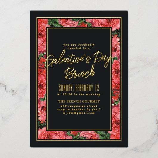 Foil Rose Rahmen Galentine's Day Einladung - Black (Vorderseite)