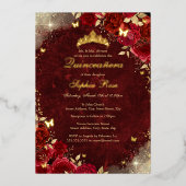 Foil Royal Red Gold Butterfly Floral Quinceanera Folieneinladung (Vorderseite)