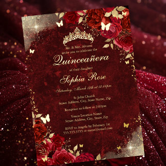 Foil Royal Red Gold Butterfly Floral Quinceanera Folieneinladung