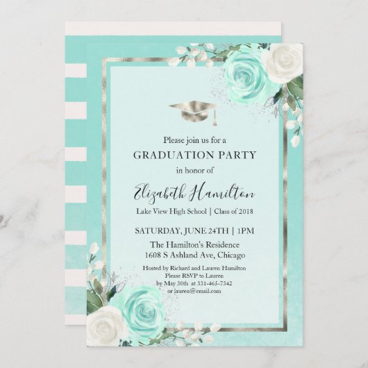 Foil Silver & Aquamarin Modern Floral Graduation P Einladung (Vorne/Hinten)