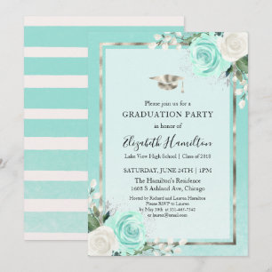Foil Silver & Aquamarin Modern Floral Graduation P Einladung