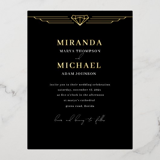 Foil Wedding Black Moderne Einladung (Vorderseite)