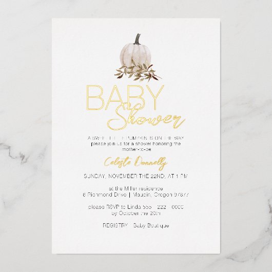 FOIL White Rustic Boho Pumpkin Baby Dusche Folieneinladung (Vorderseite)