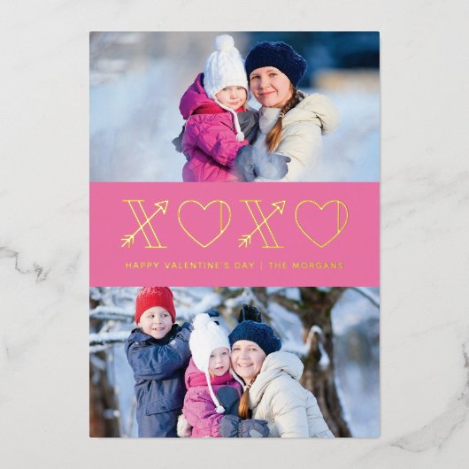 Foil Xs & Os Valentine's Day 2-Foto Card - Rosa Folieneinladung (Vorderseite)