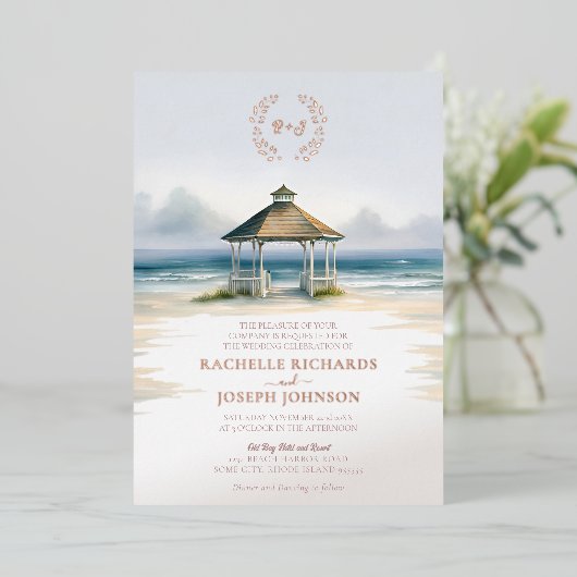 Foiled Watercolor Beach Gazebo Hochzeitseinladung Folieneinladung (Stehend vorne)