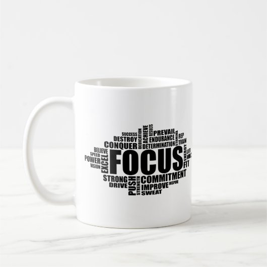 FOKUS – Motivierendes Wort-Cloud-Design Kaffeetasse (Links)