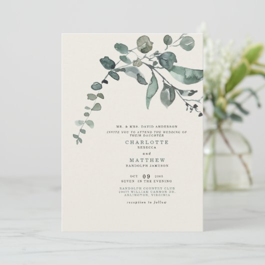 Folage Aquamarin & Cream Wedding Bride Partys Einladung (Stehend Vorderseite)