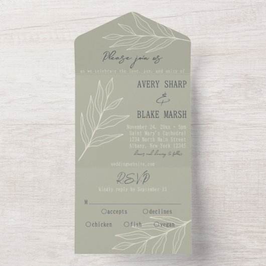 Folage Leaf Line Art Sage, Cream & Navy Boho All In One Einladung (Innen Boden)