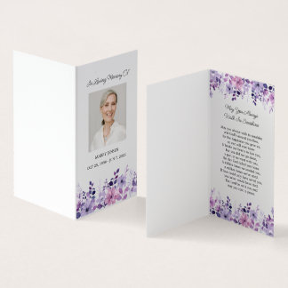 Folded Purple Flower Photo Funeral Prayer Card Visitenkarten
