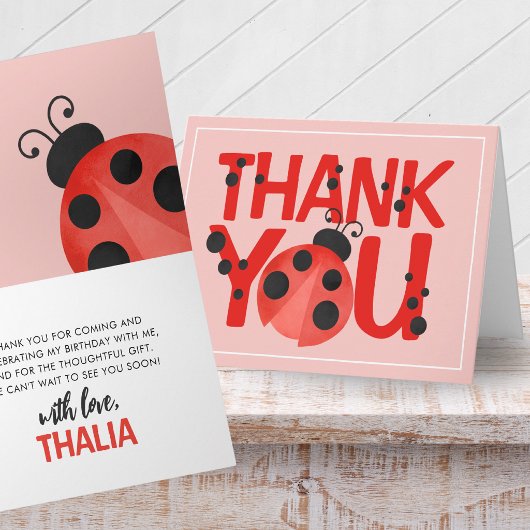 Folding Pink Watercolor Ladybug Thank You Card Dankeskarte