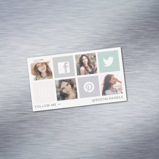 Folgen Sie Me Social Media Square Grid-FotoCollage Magnetische Visitenkarte (Beispiel)