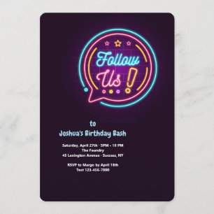 Folgen Sie uns Neon Birthday Party Einladung
