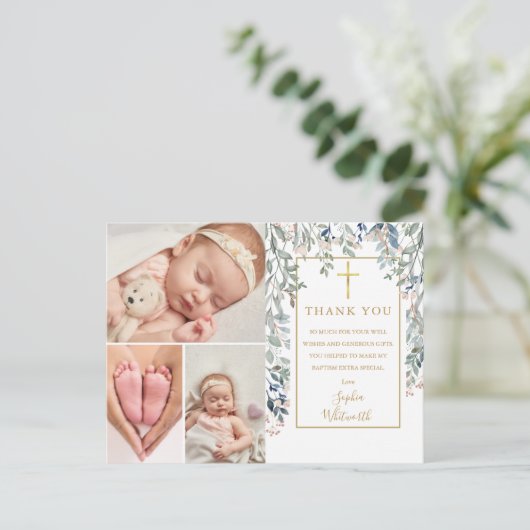 Foliage 3 Foto Collage Taufe Vielen Dank Postkarte (Stehend Vorderseite)